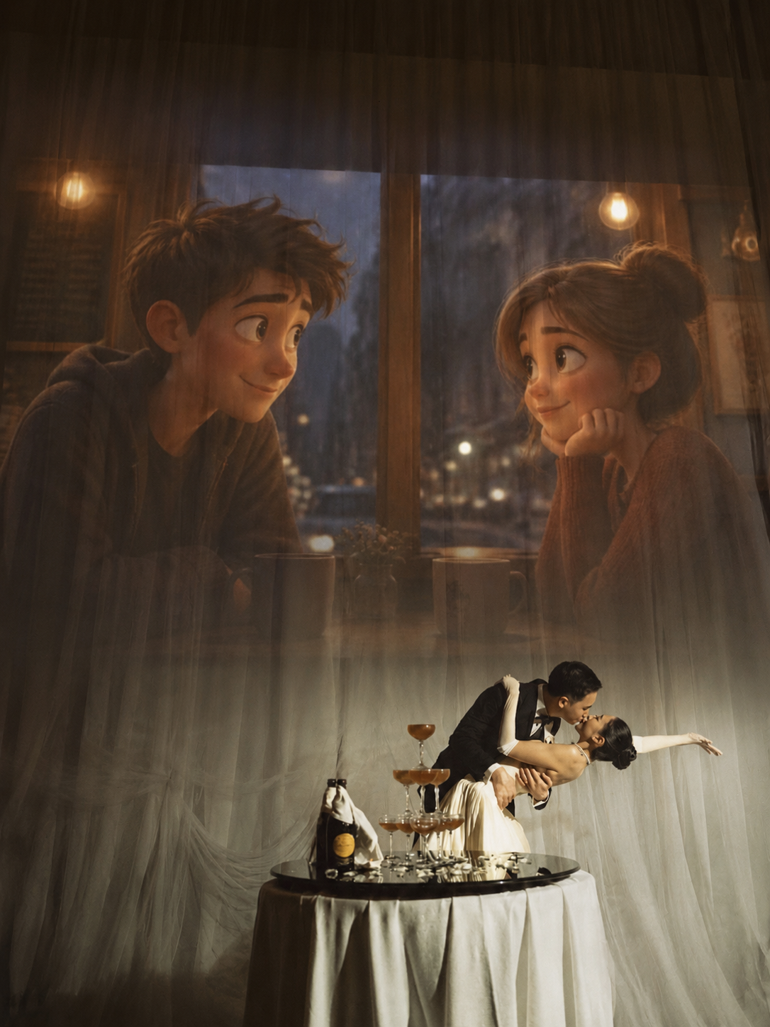 Animated couple in a cosy café glowing above a real wedding table