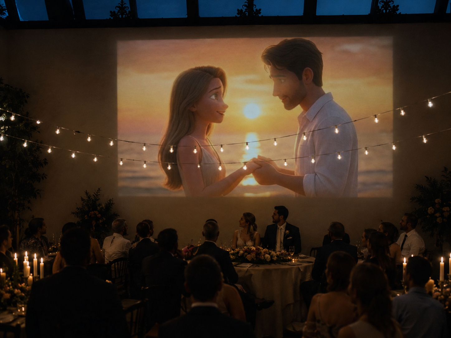 Wedding reception watching an animated sunset scene together