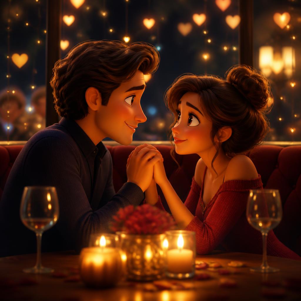 Animated couple in a restaurant holding hands, glowing hearts and sparkles around them