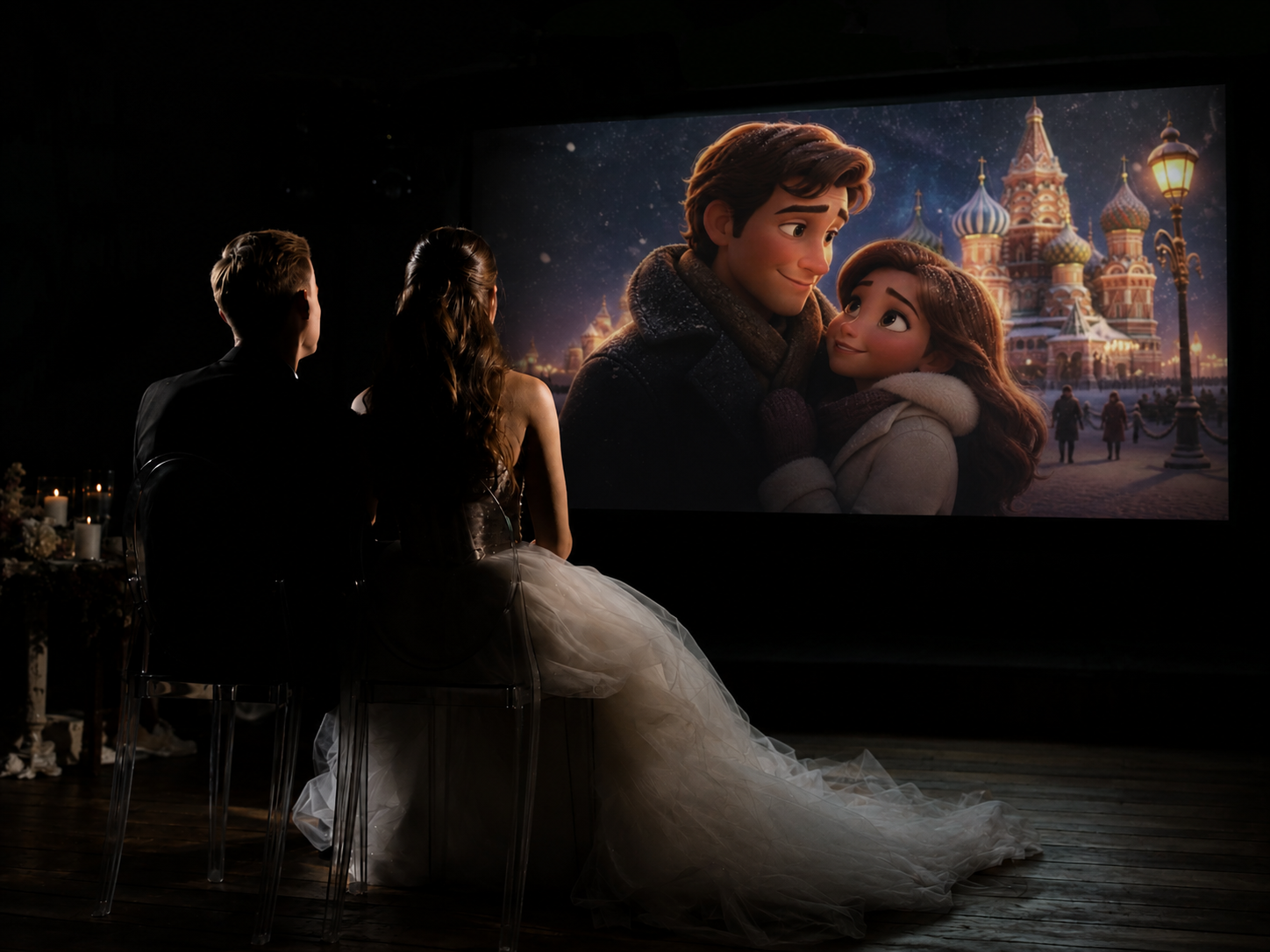 Bride and groom watching their animated story on a private screen