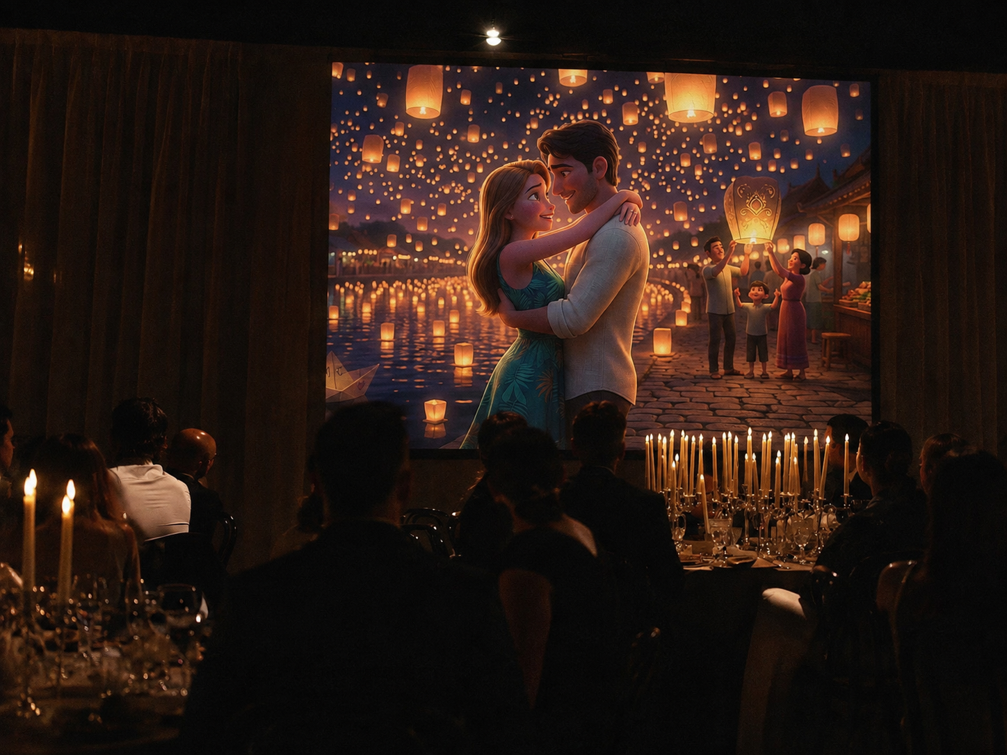 Wedding guests watching an animated lantern scene on a big screen