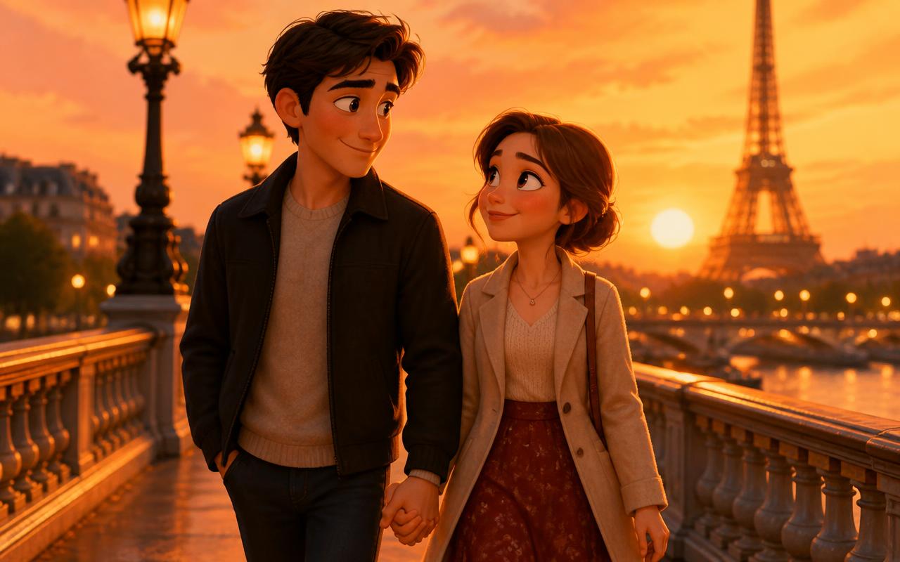 Animated couple on a Paris bridge at sunset