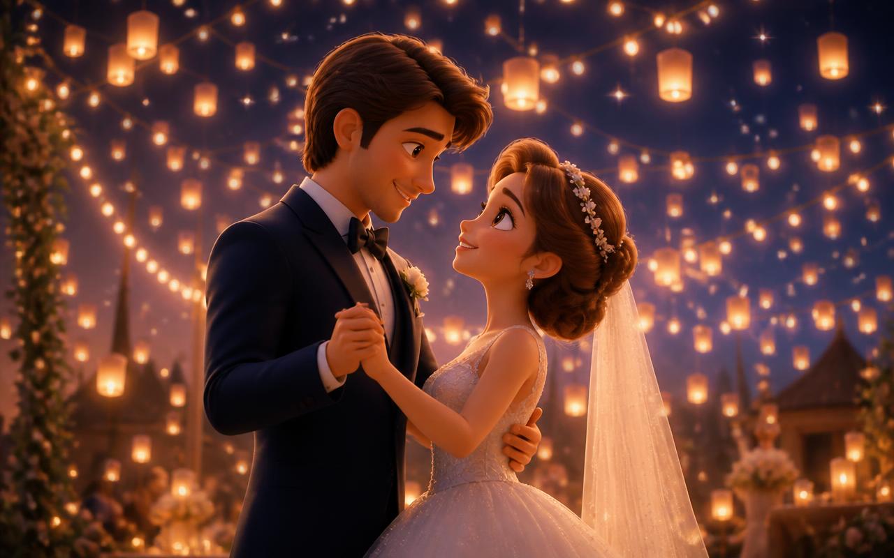 Animated bride and groom under sky lanterns